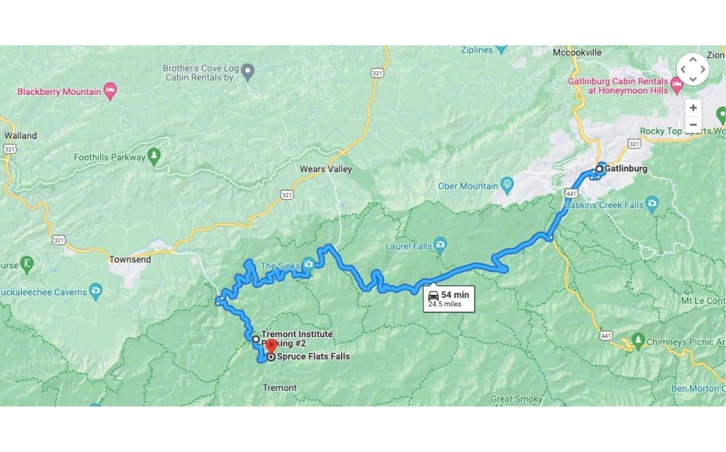 Map of directions from Gatlinburg, TN to Spruce Flats Falls