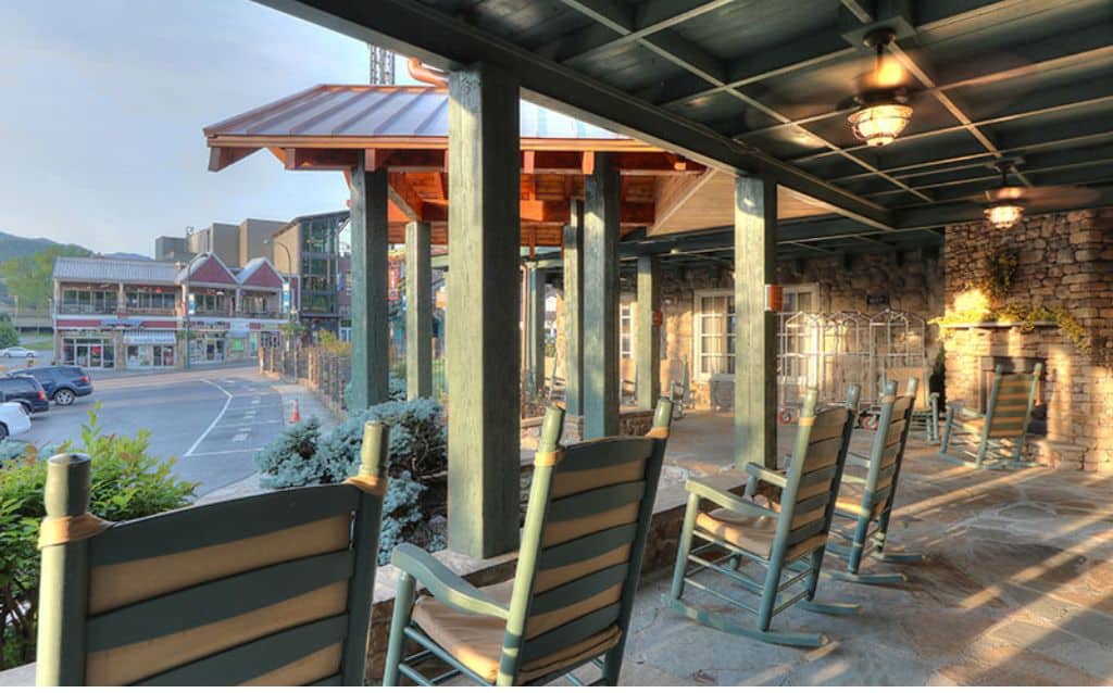 Rocking chairs on the front porch of The Historic Gatlinburg Inn