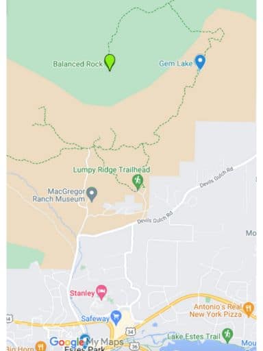 Map of route from Estes Park to Gem Lake trailhead