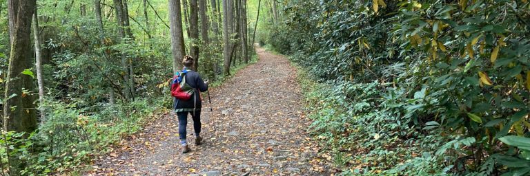 Mary Ellen hiking Middle Prong Trail to Indian Flats Falls