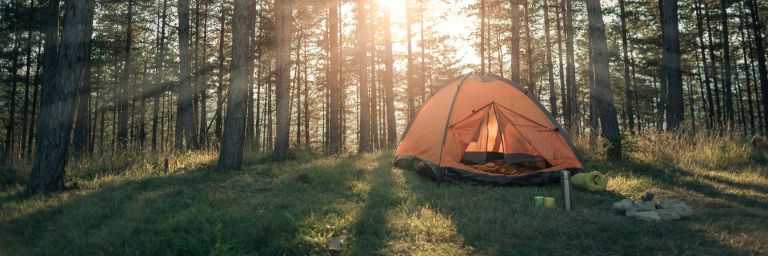 Campsite with tent at sunrise