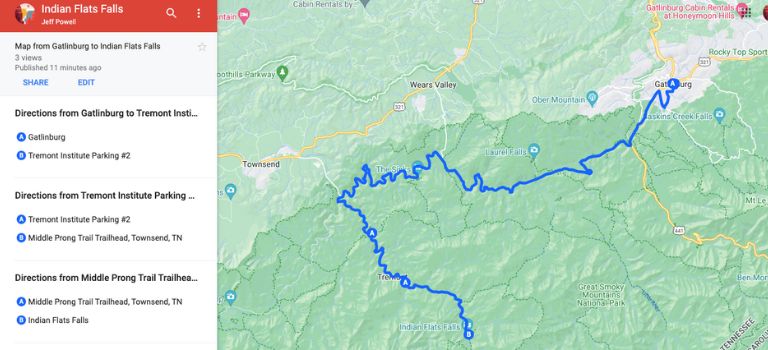 Map showing route from Gatlinburg to Indian Flats Falls