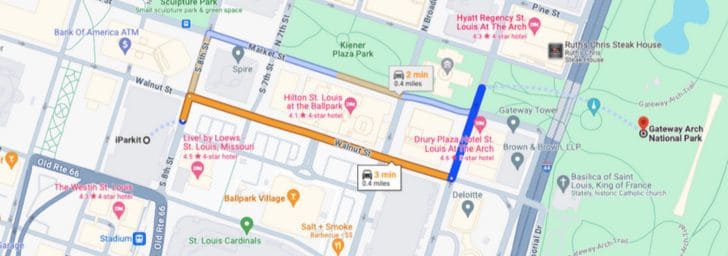 Map showing location of Gateway Arch National Park and parking