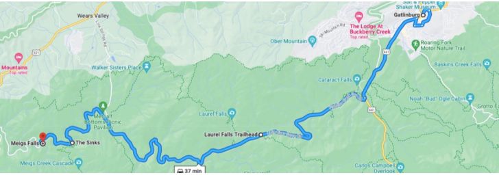 Map of waterfalls in central Great Smoky Mountains National Park