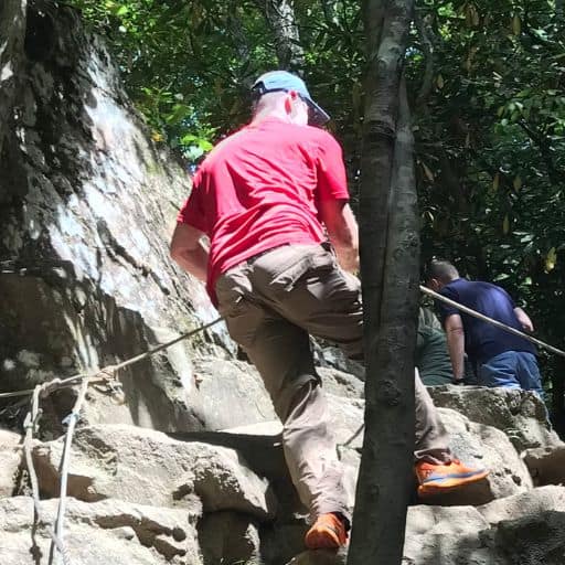 Jeff climbing down to the base of Soco Falls