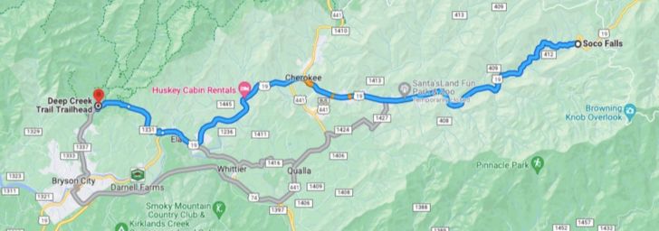 Map of the route to Soco Falls