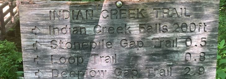 Trail sign for Indian Creek Trail and Indian Creek Falls