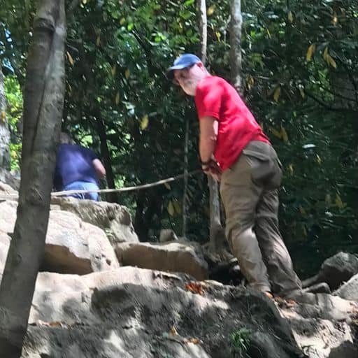 Jeff climbing down to the base of Soco Falls