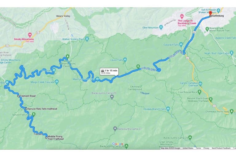 Map from Gatlinburg to the Middle Prong Trailhead in the Tremont area of the Smoky Mountains