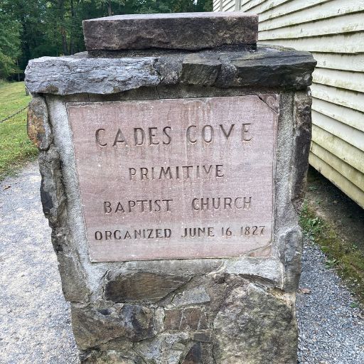 Stone sign at Cades Cove Primitive Baptist Church, organized June 16, 1827