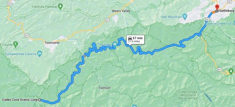 Map showing the way from Gatlinburg, TN to Cades Cove