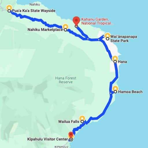 Map showing route from Pua'a Ka'a State Wayside to the Kipahulu Visitor Center at Haleakala National Park
