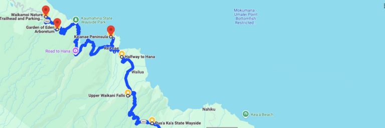 Map showing places of interest along the Road to Hana