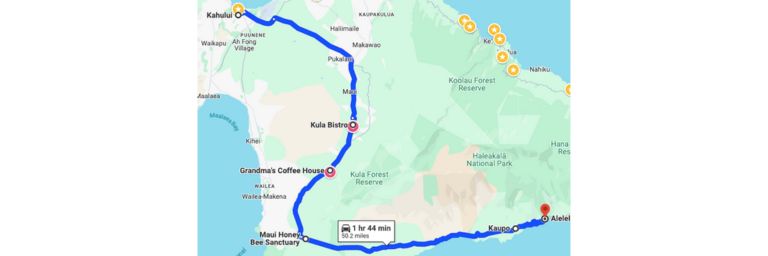 Map showing route and interesting stops past Haleakala National Park on the Road to Hana